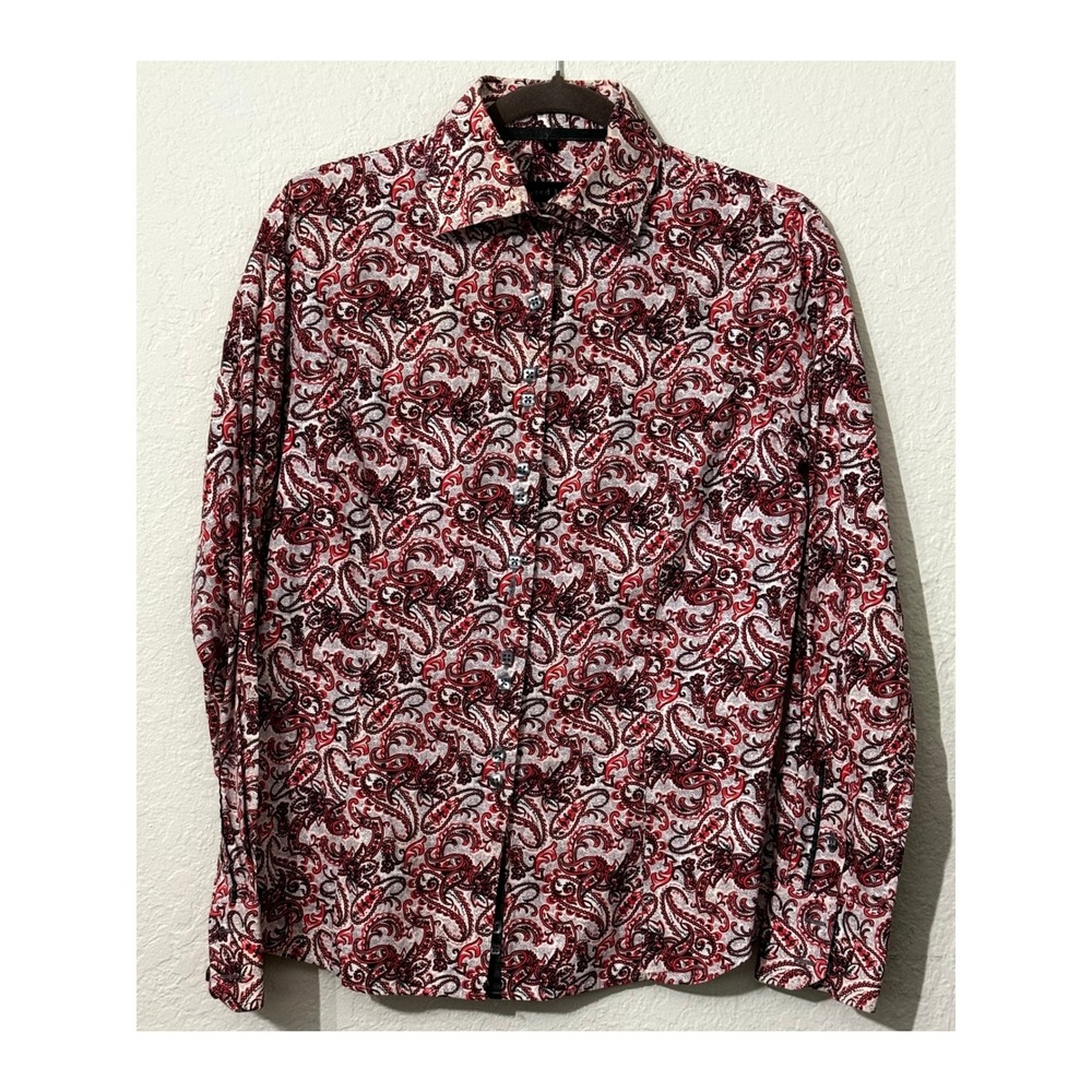 JARED LANG Gray & Orange Geometric Print Fitted Cotton Shirt Preppy Size 5 Women
